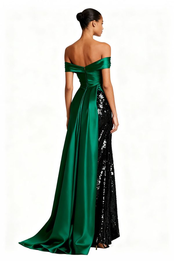 Sparkly Off The Shoulder Dark Green Ruched Holiday Dress - Image 2