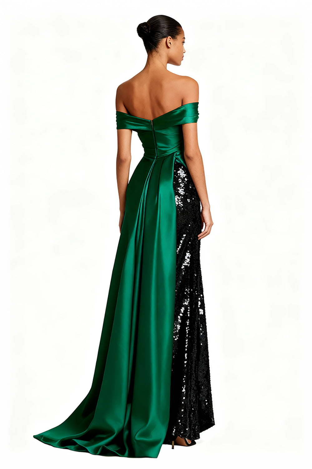 Sparkly Off The Shoulder Dark Green Ruched Holiday Dress - Image 2