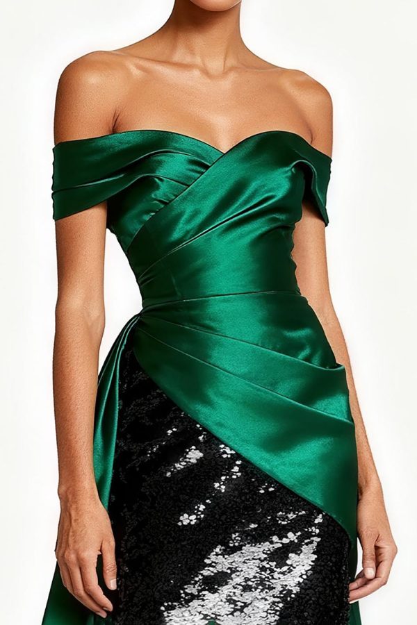 Sparkly Off The Shoulder Dark Green Ruched Holiday Dress - Image 3