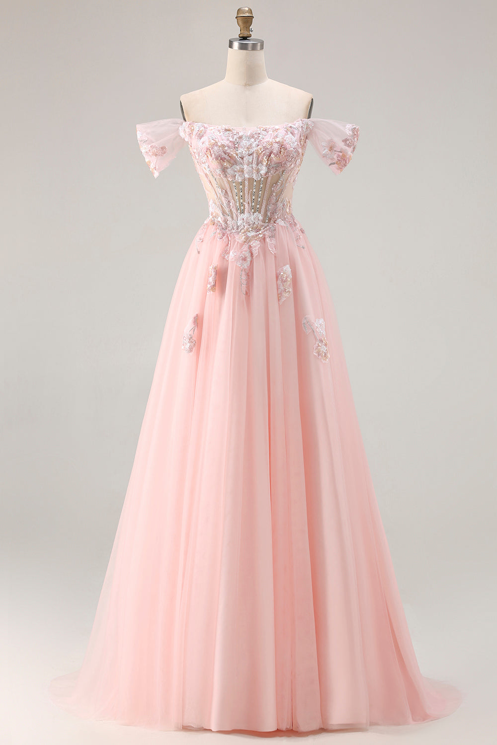 Sparkly Off The Shoulder Corset A-Line Pink Prom Dress - Image 6