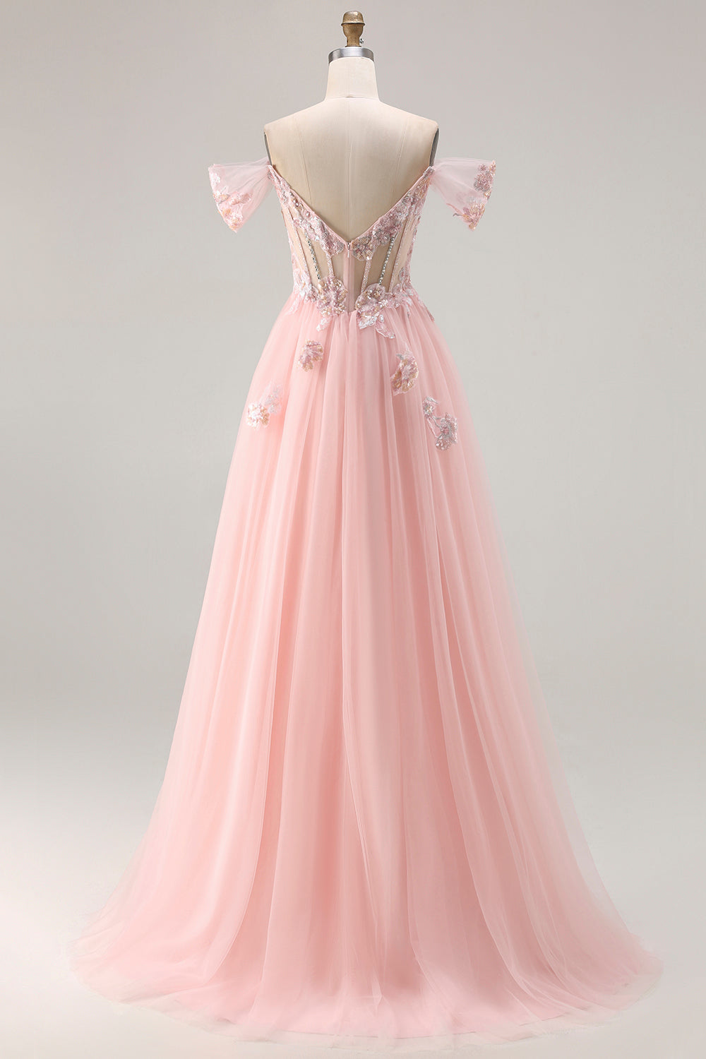 Sparkly Off The Shoulder Corset A-Line Pink Prom Dress - Image 7