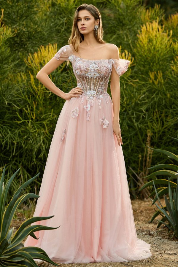 Sparkly Off The Shoulder Corset A-Line Pink Prom Dress - Image 3