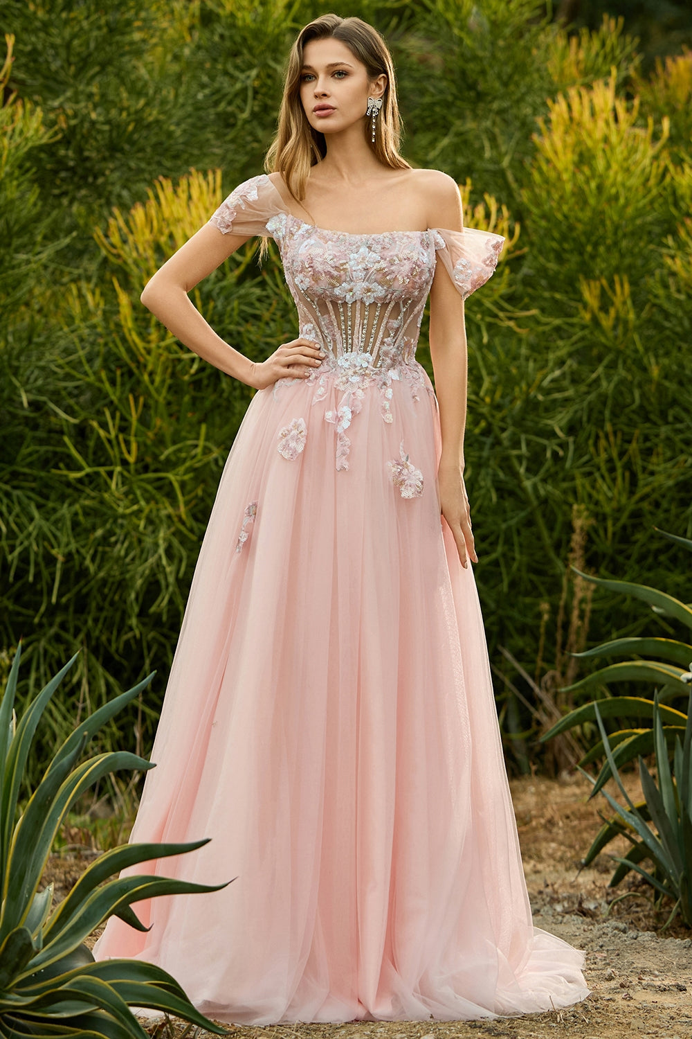 Sparkly Off The Shoulder Corset A-Line Pink Prom Dress - Image 3