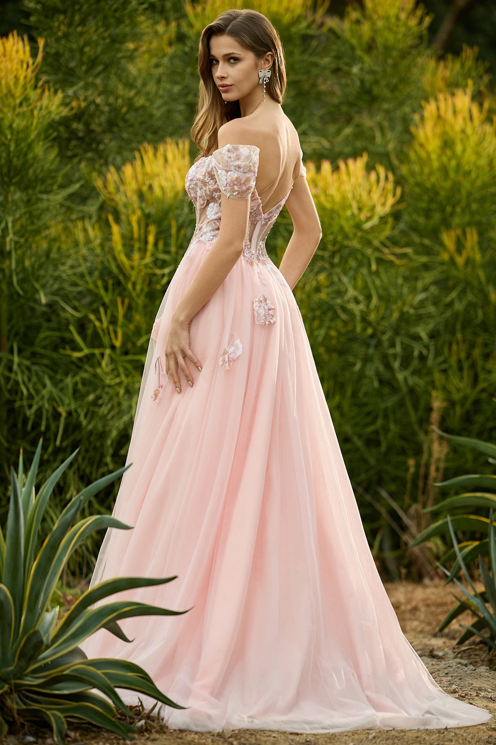 Sparkly Off The Shoulder Corset A-Line Pink Prom Dress - Image 2