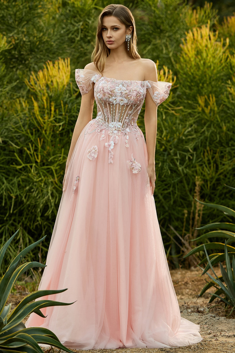 Sparkly Off The Shoulder Corset A-Line Pink Prom Dress - Image 1