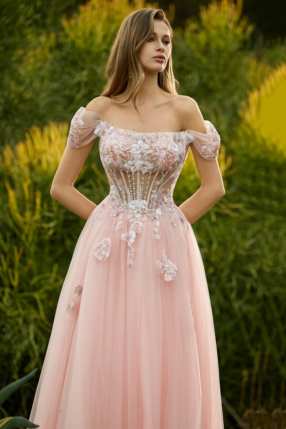 Sparkly Off The Shoulder Corset A-Line Pink Prom Dress - Image 5