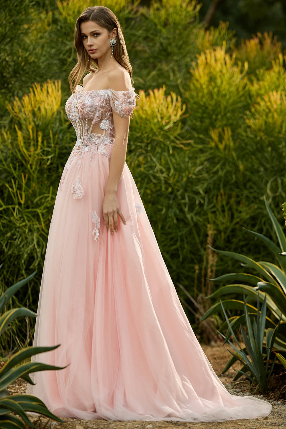 Sparkly Off The Shoulder Corset A-Line Pink Prom Dress - Image 4
