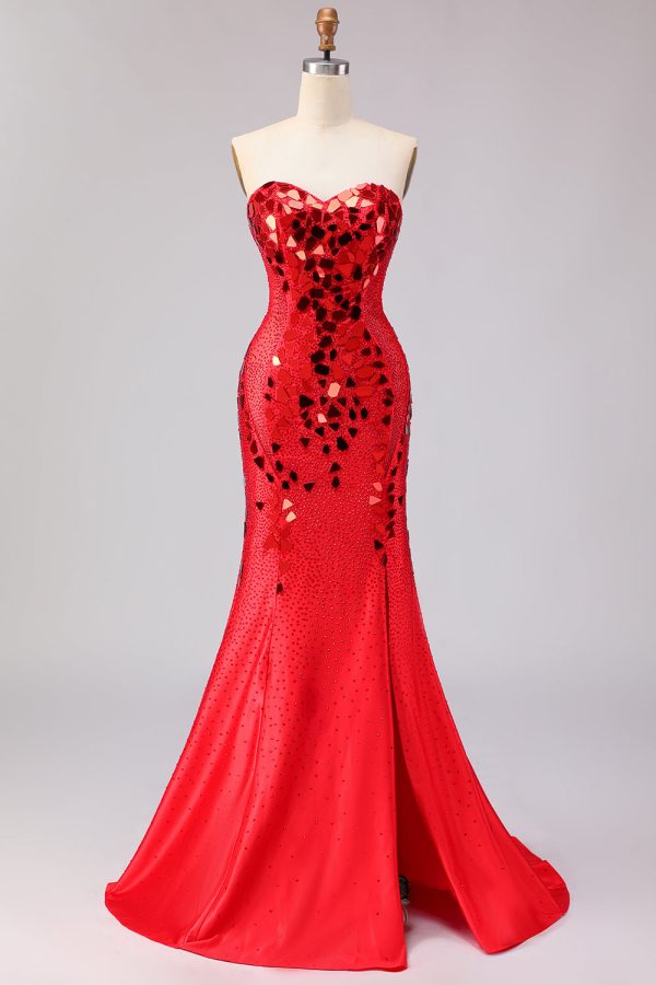 Sparkly Red Mermaid Strapless Beaded Prom Dress