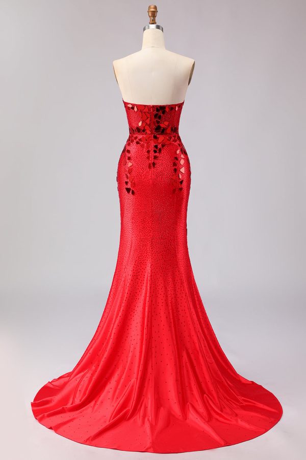 Sparkly Red Mermaid Strapless Beaded Prom Dress - Image 2
