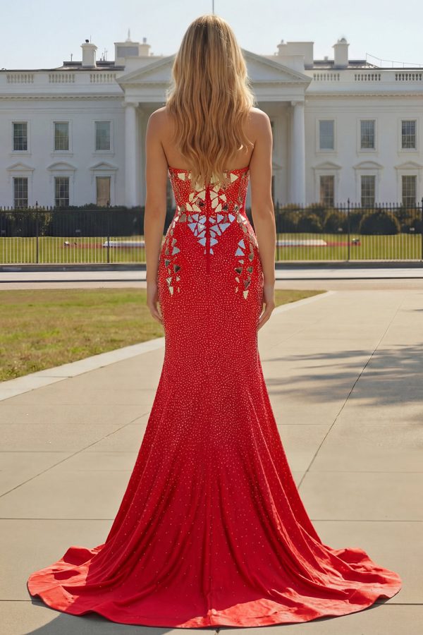 Sparkly Red Mermaid Strapless Beaded Prom Dress - Image 4