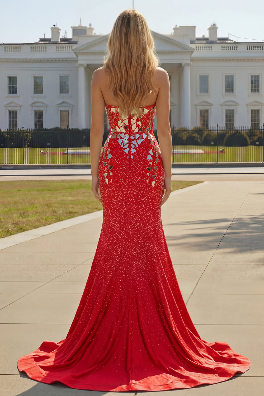 Sparkly Red Mermaid Strapless Beaded Prom Dress - Image 4