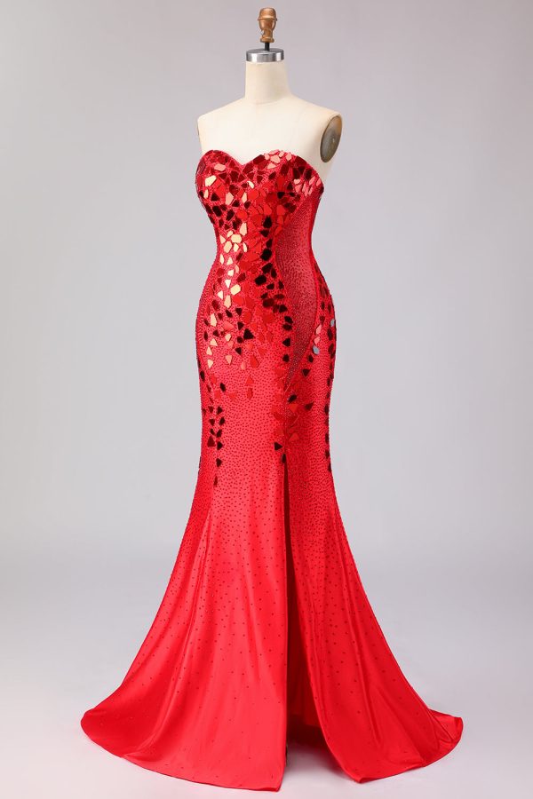 Sparkly Red Mermaid Strapless Beaded Prom Dress - Image 5