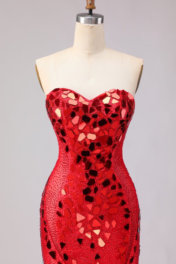 Sparkly Red Mermaid Strapless Beaded Prom Dress - Image 6