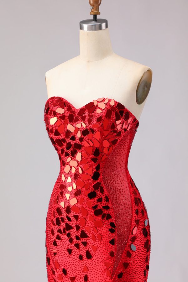 Sparkly Red Mermaid Strapless Beaded Prom Dress - Image 8