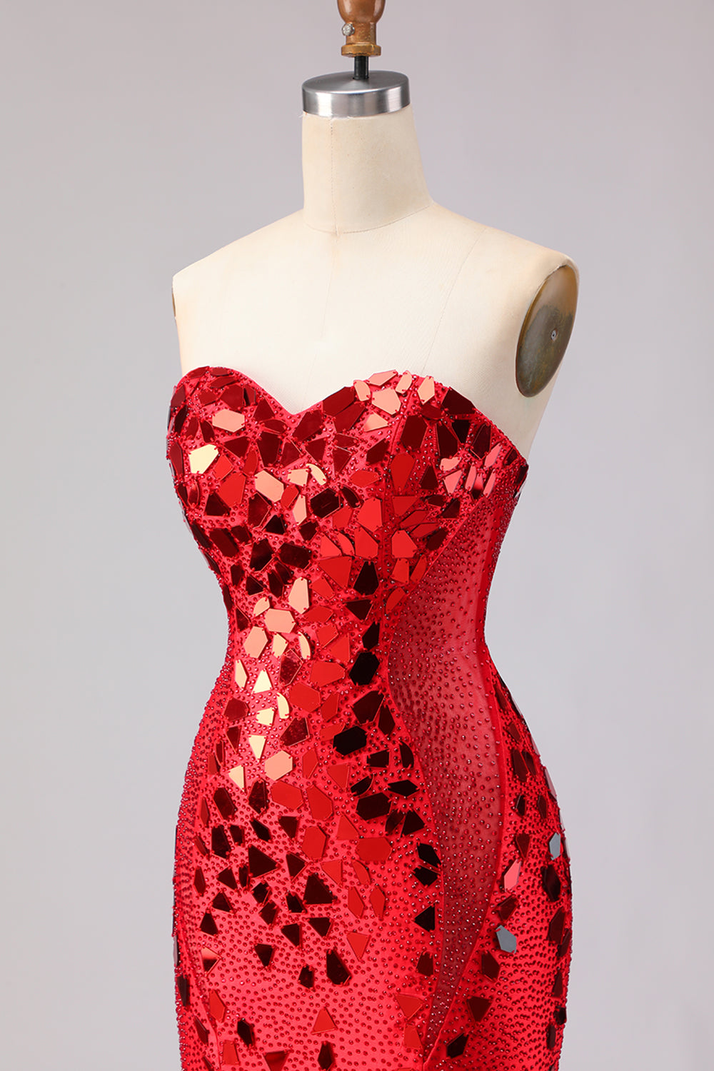 Sparkly Red Mermaid Strapless Beaded Prom Dress - Image 8