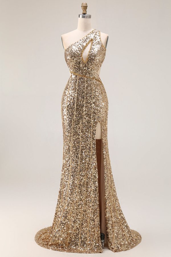 Sparkly One Shoulder Golden Cut Out Prom Dress with Slit - Image 8