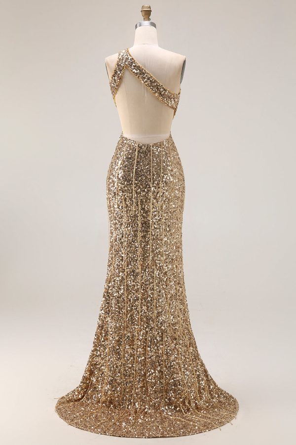 Sparkly One Shoulder Golden Cut Out Prom Dress with Slit - Image 9