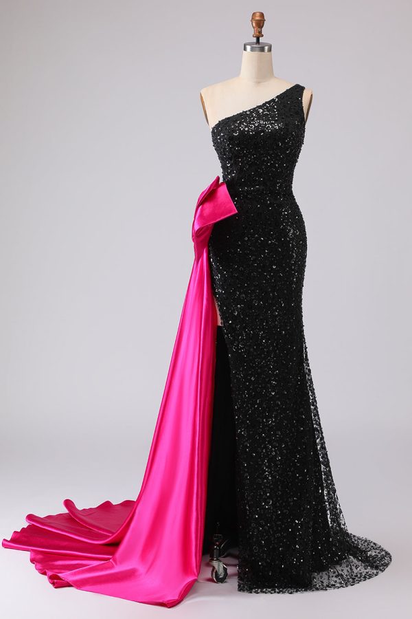 Sparkly One Shoulder Black Prom Dress with Bow