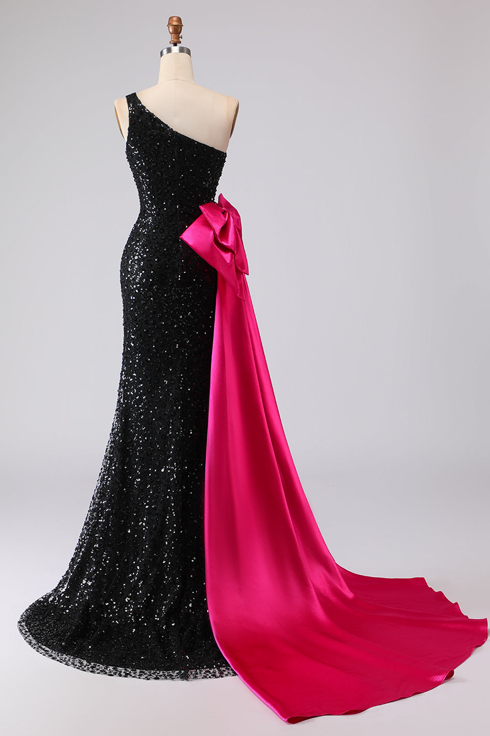 Sparkly One Shoulder Black Bowed Prom Dress - Image 4