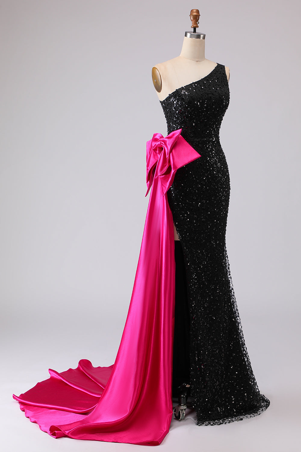 Sparkly One Shoulder Black Prom Dress with Bow - Image 5