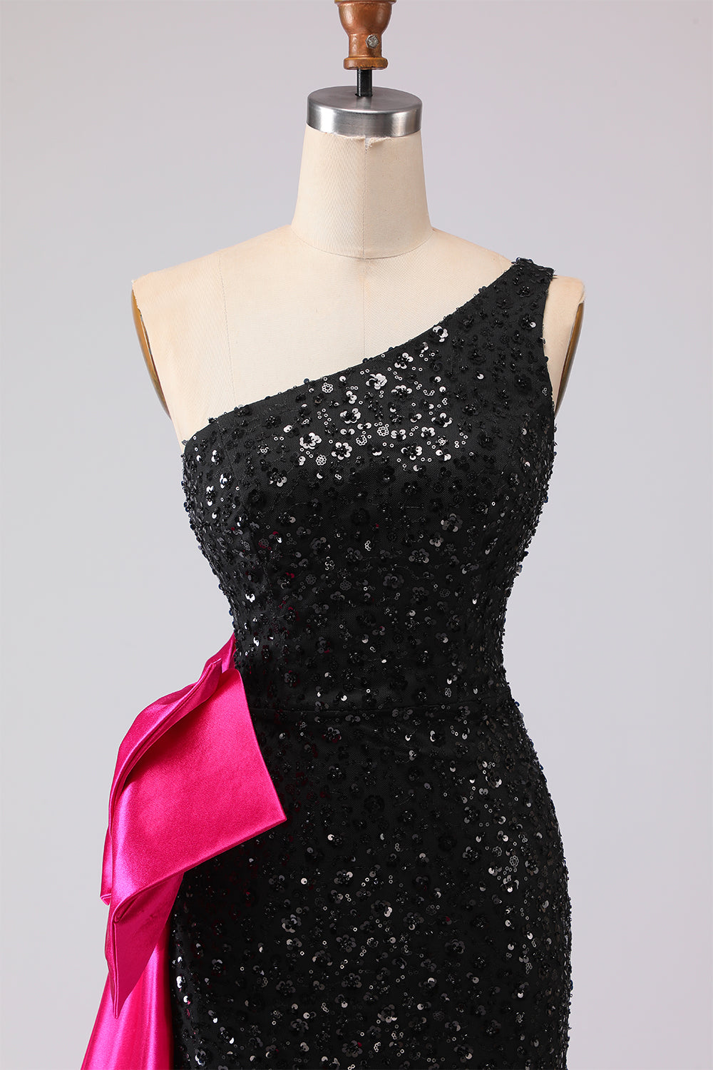 Sparkly One Shoulder Black Prom Dress with Bow - Image 6