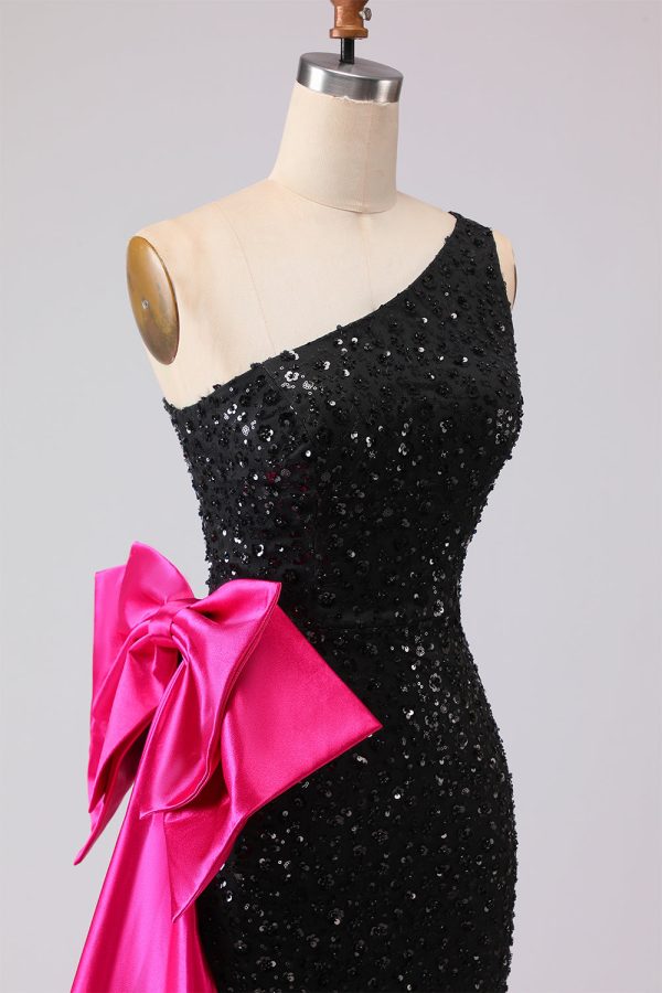 Sparkly One Shoulder Black Prom Dress with Bow - Image 8