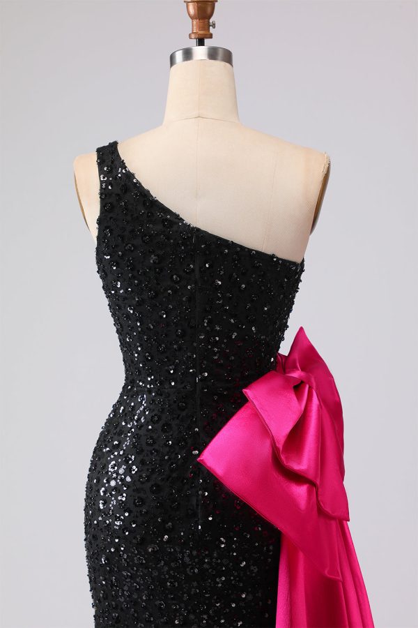 Sparkly One Shoulder Black Prom Dress with Bow - Image 7