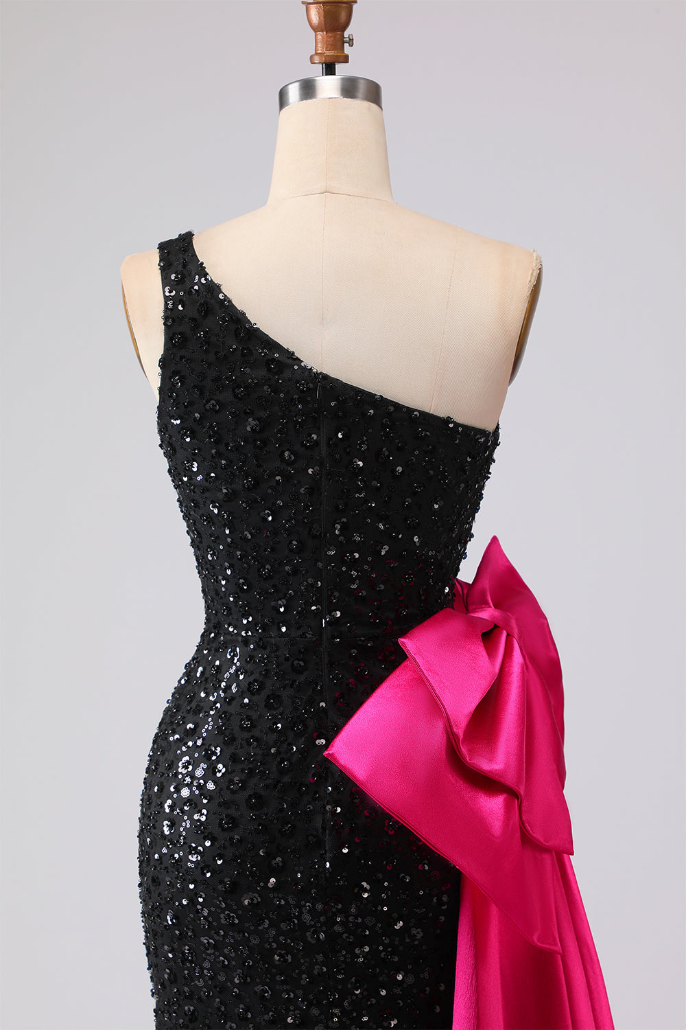 Sparkly One Shoulder Black Prom Dress with Bow - Image 7
