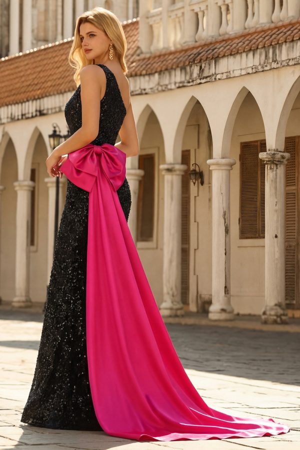 Sparkly One Shoulder Black Bowed Prom Dress - Image 2