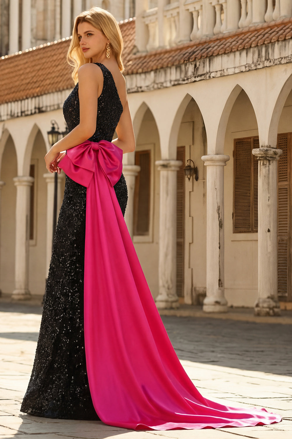 Sparkly One Shoulder Black Bowed Prom Dress - Image 2