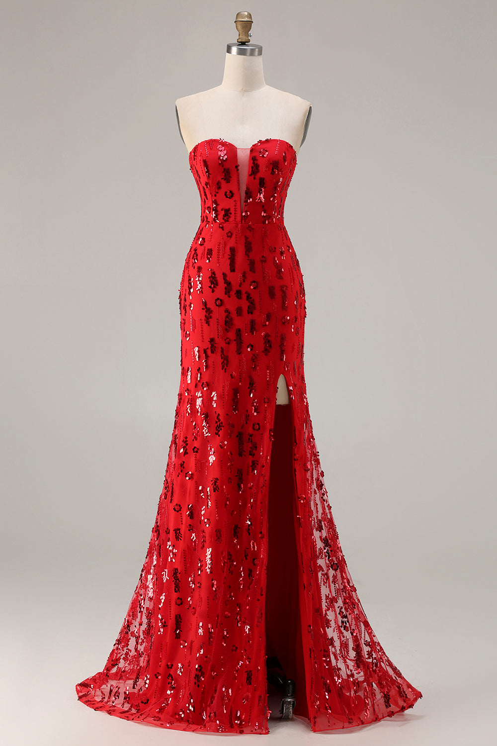 Sparkly Red Mermaid Strapless Maxi Prom Dress With Slit - Image 1