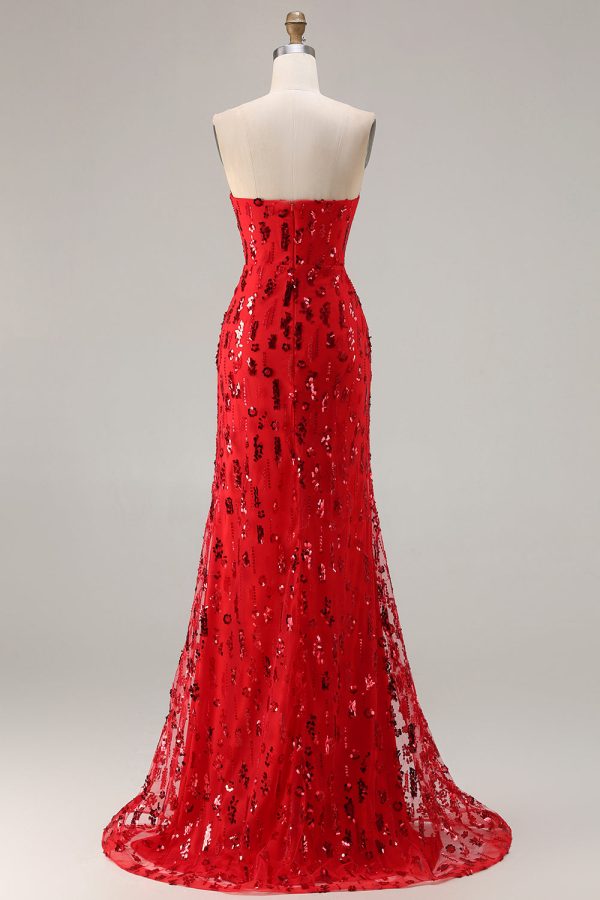 Sparkly Red Mermaid Strapless Maxi Prom Dress With Slit - Image 2