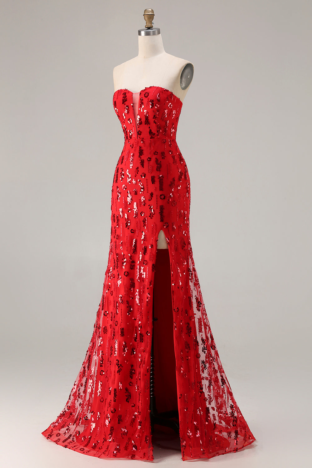 Sparkly Red Mermaid Strapless Maxi Prom Dress With Slit - Image 3