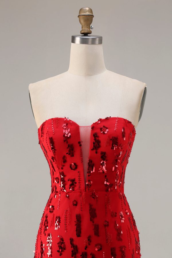 Sparkly Red Mermaid Strapless Maxi Prom Dress With Slit - Image 4