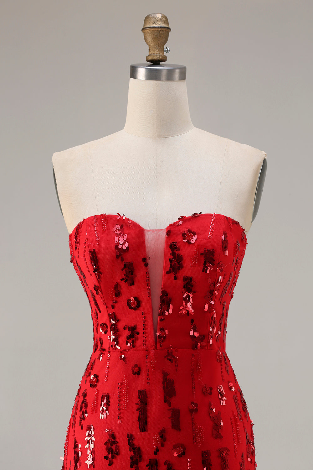 Sparkly Red Mermaid Strapless Maxi Prom Dress With Slit - Image 4