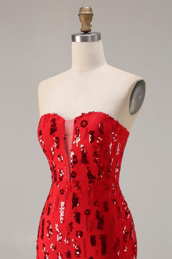 Sparkly Red Mermaid Strapless Maxi Prom Dress With Slit - Image 6