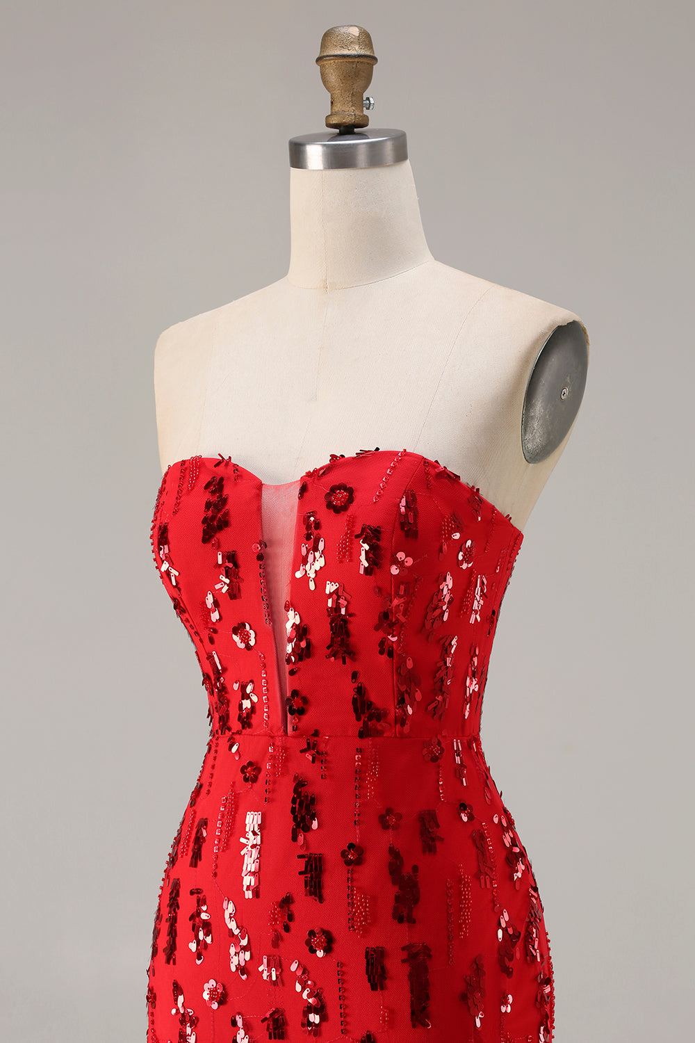 Sparkly Red Mermaid Strapless Maxi Prom Dress With Slit - Image 6