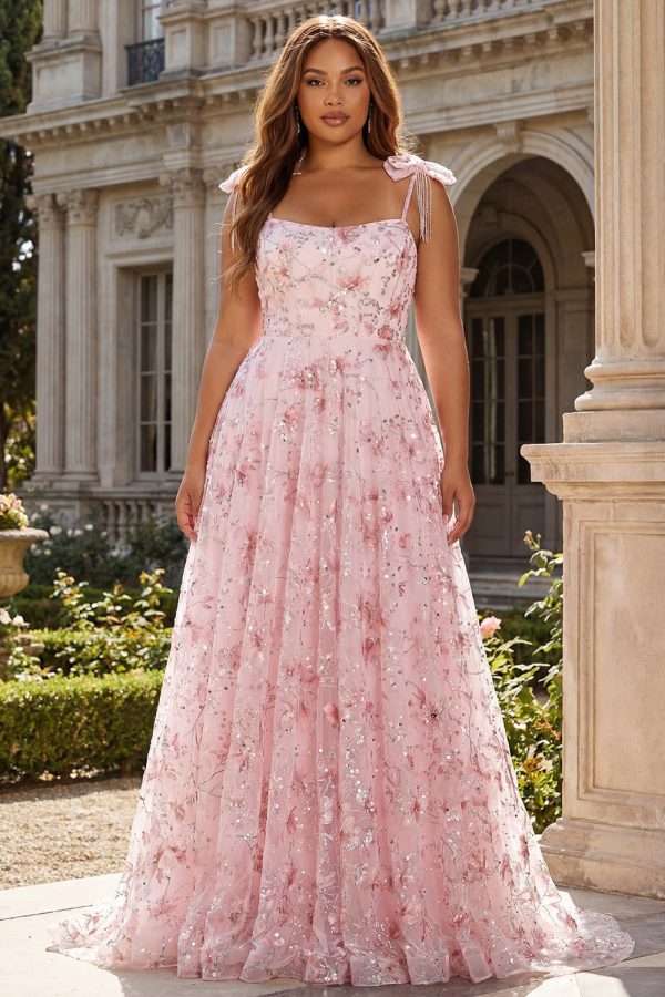Sparkly Pink Floral Corset Plus Size A Line Prom Dress