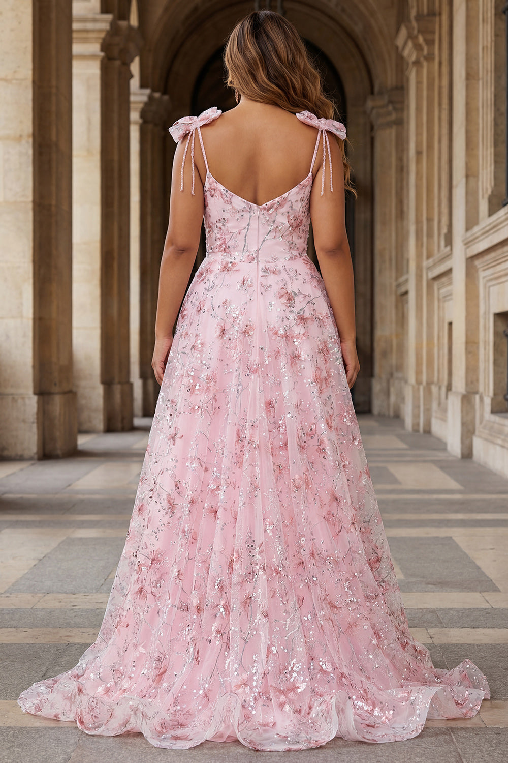 Sparkly Pink Floral Corset Plus Size A Line Prom Dress - Image 2