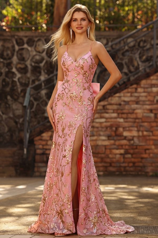 Sparkly Pink Mermaid Maxi Prom Dress with Bow