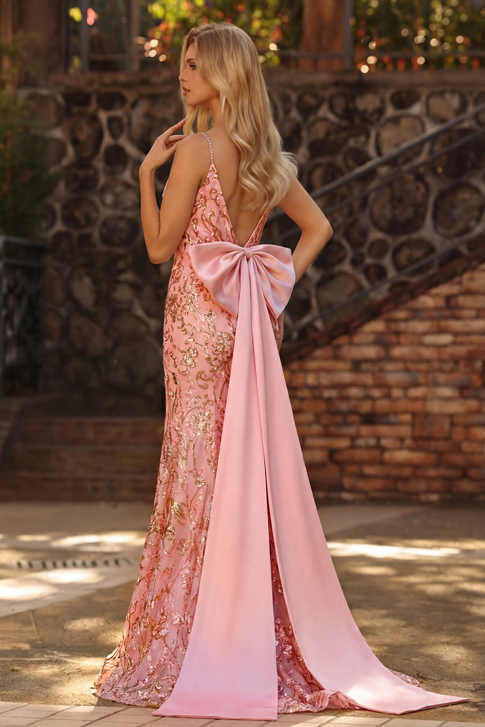 Sparkly Pink Mermaid Maxi Prom Dress with Bow - Image 2