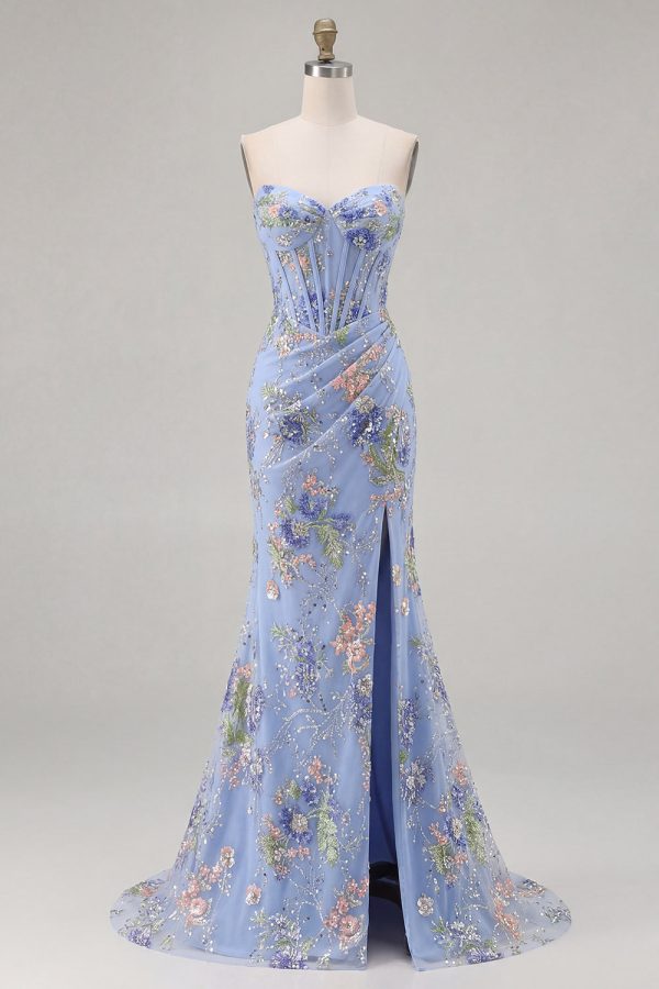Sparkly Pink Floral Mermaid Strapless Corset Prom Dress - Image 14