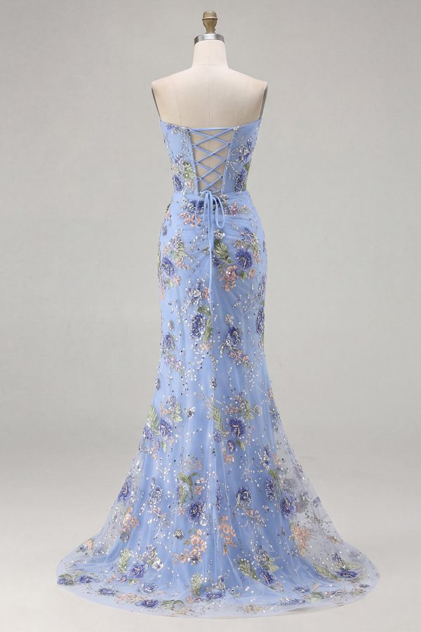 Sparkly Pink Floral Mermaid Strapless Corset Prom Dress - Image 15