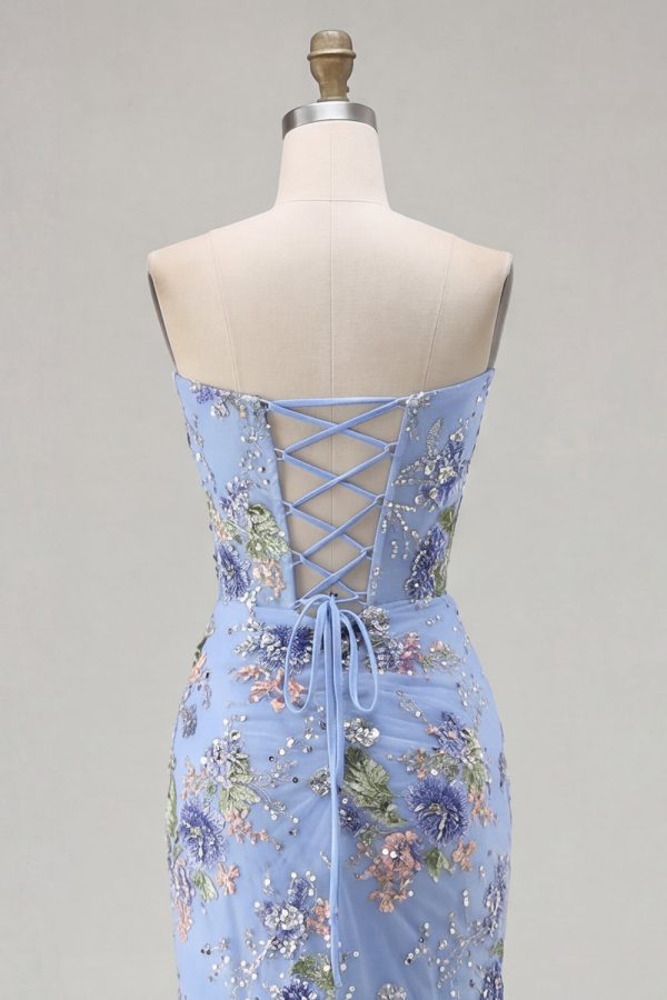 Sparkly Pink Floral Mermaid Strapless Corset Prom Dress - Image 17