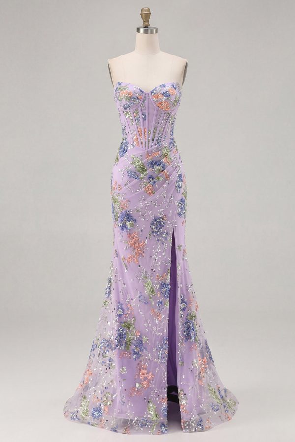 Sparkly Pink Floral Mermaid Strapless Corset Prom Dress - Image 18
