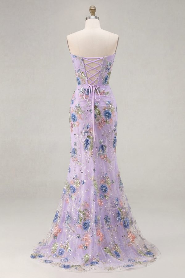 Sparkly Pink Floral Mermaid Strapless Corset Prom Dress - Image 19