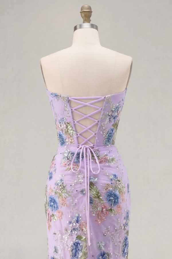 Sparkly Pink Floral Mermaid Strapless Corset Prom Dress - Image 21