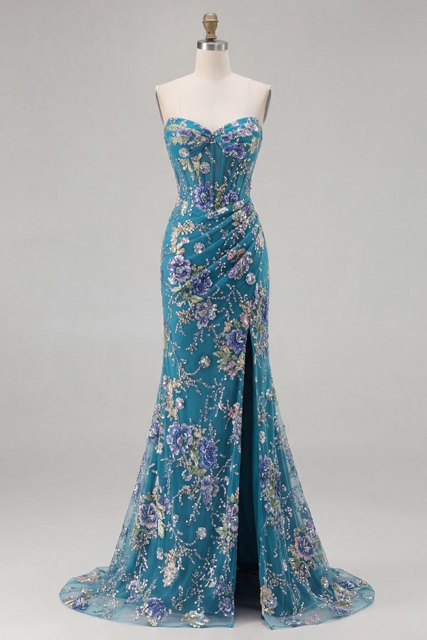Sparkly Pink Floral Mermaid Strapless Corset Prom Dress - Image 22