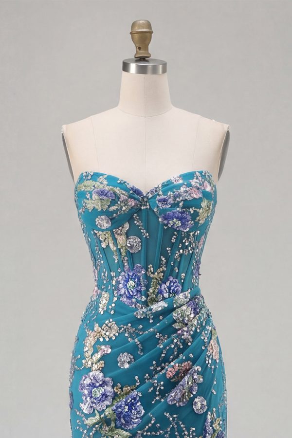 Sparkly Pink Floral Mermaid Strapless Corset Prom Dress - Image 24
