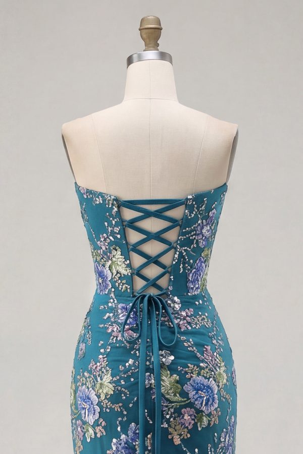 Sparkly Pink Floral Mermaid Strapless Corset Prom Dress - Image 25